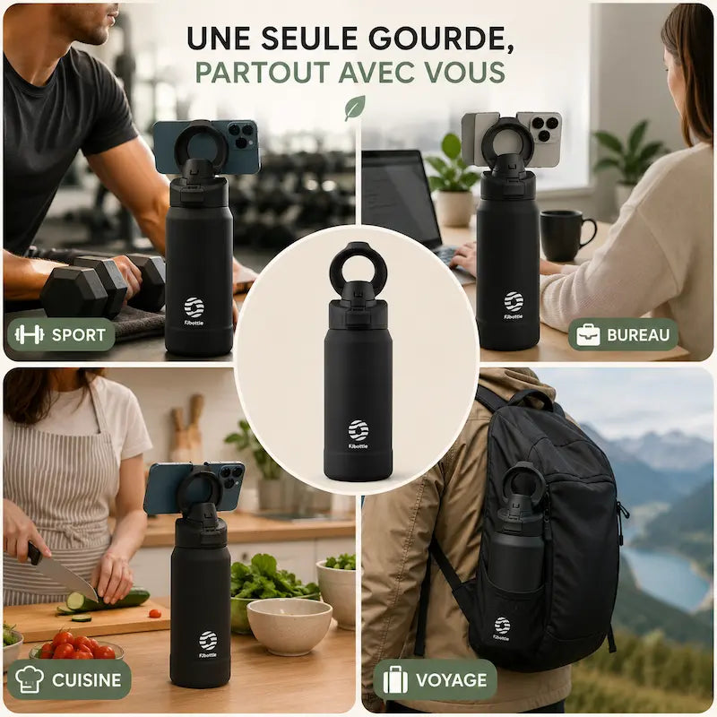 Gourde isotherme magnétique avec support téléphone - Double usage