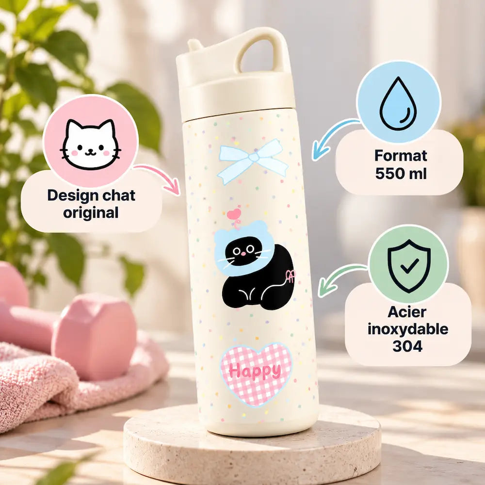Gourde enfant acier inoxydable motif chat – Design cartoon