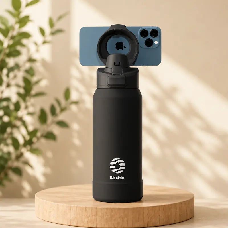 Gourde isotherme magnétique avec support téléphone - Double usage