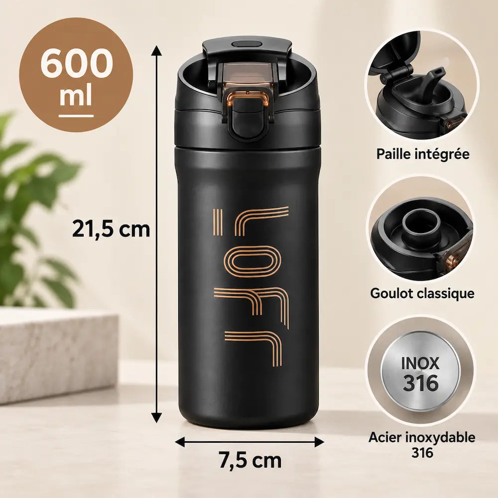 Gourde isotherme 600 ml avec paille - Hydratation pratique
