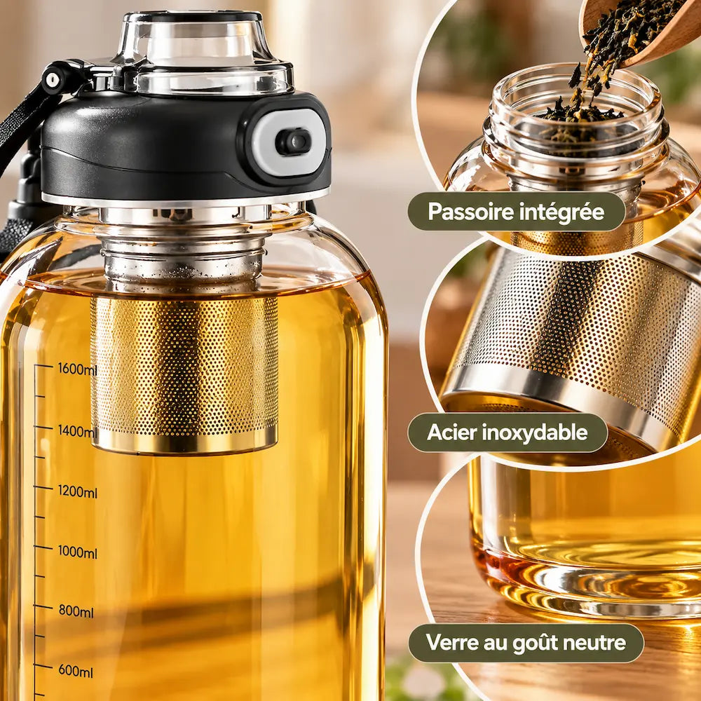 Gourde en verre avec passoire à thé – Infusion facile