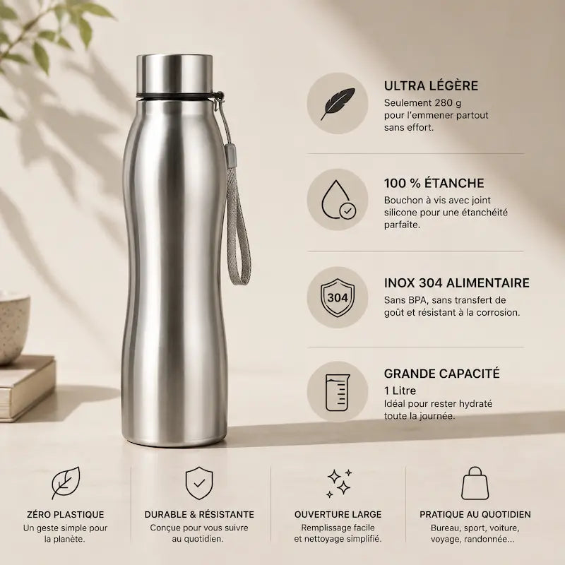 Bouteille inox 1L sans fuite - Légère & fiable
