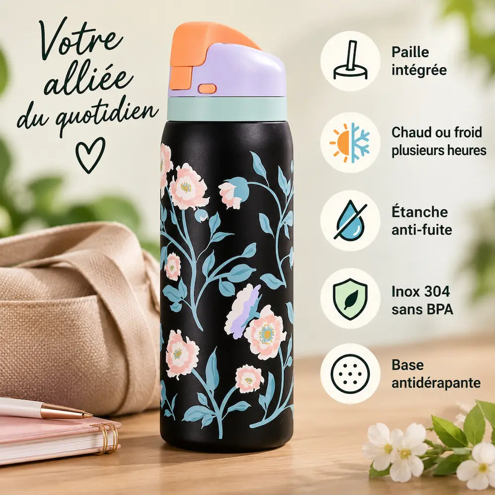 Gourde inox florale - Paille portable élégante