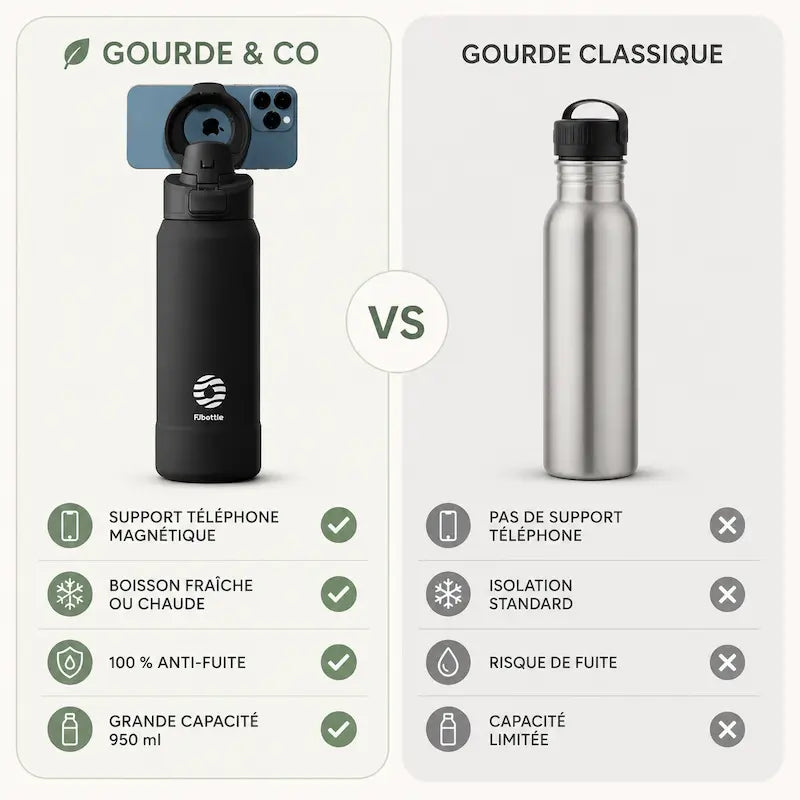 Gourde isotherme magnétique avec support téléphone - Double usage
