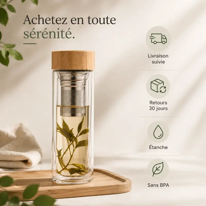 Bouteille infuseur verre double paroi – Couvercle bambou | BambooSip