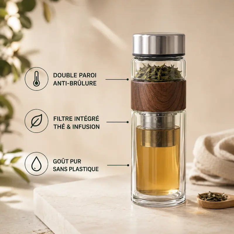 Bouteille en verre double paroi - Thé chaud partout | Klaris