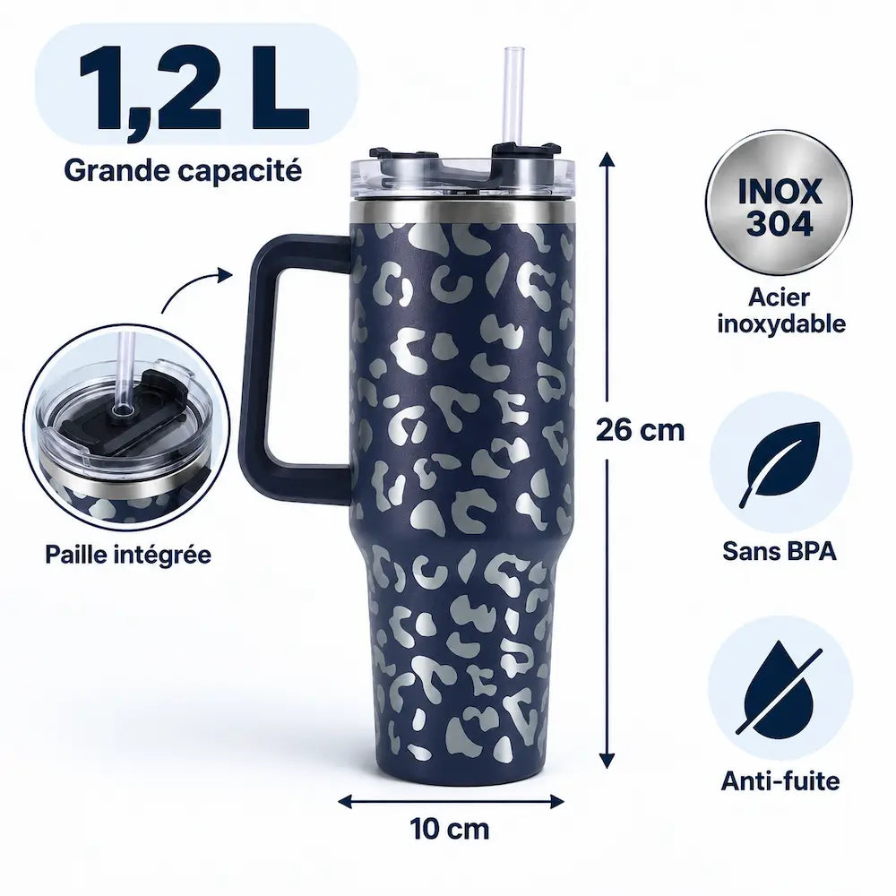 Gourde Léopard voiture - Grande capacité avec paille