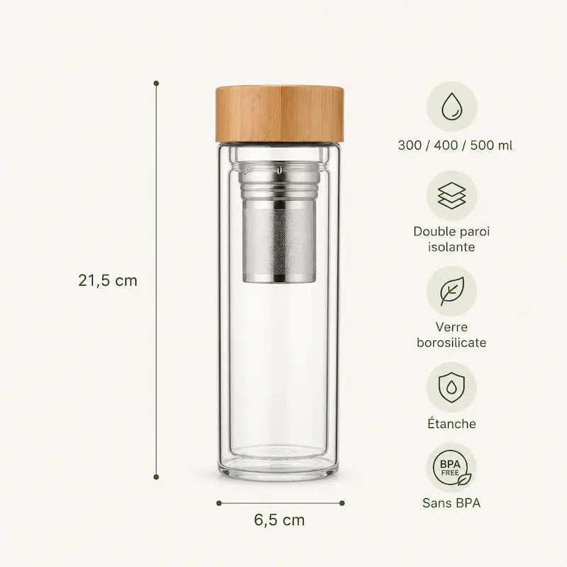 Bouteille infuseur verre double paroi – Couvercle bambou | BambooSip