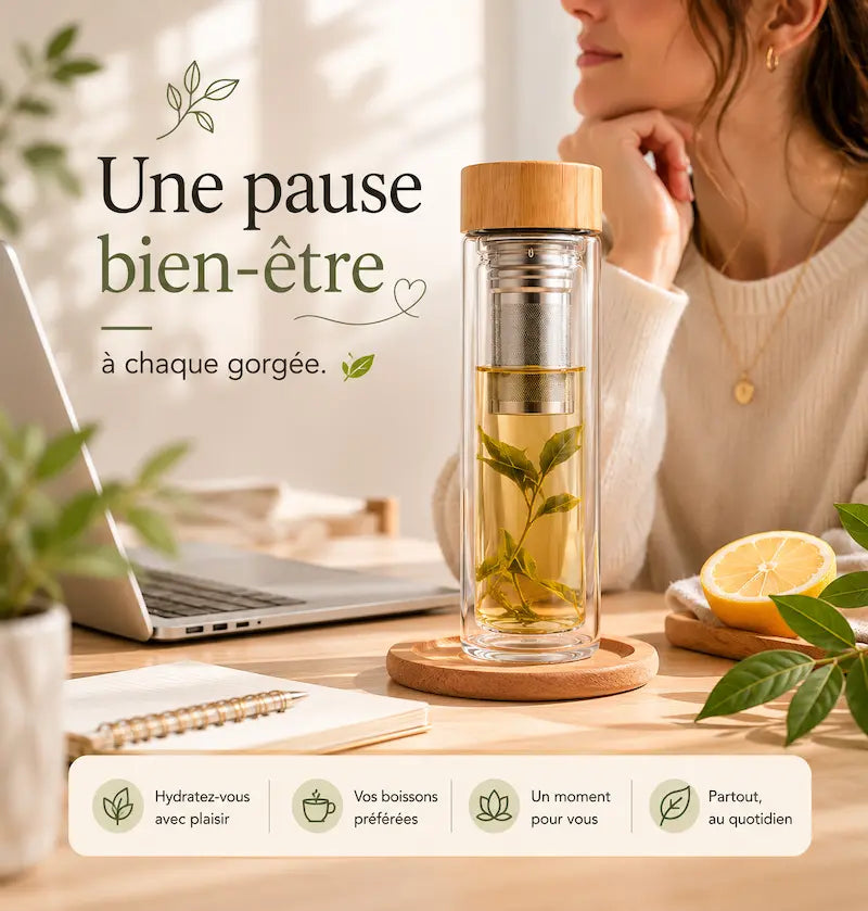 Bouteille infuseur verre double paroi – Couvercle bambou | BambooSip