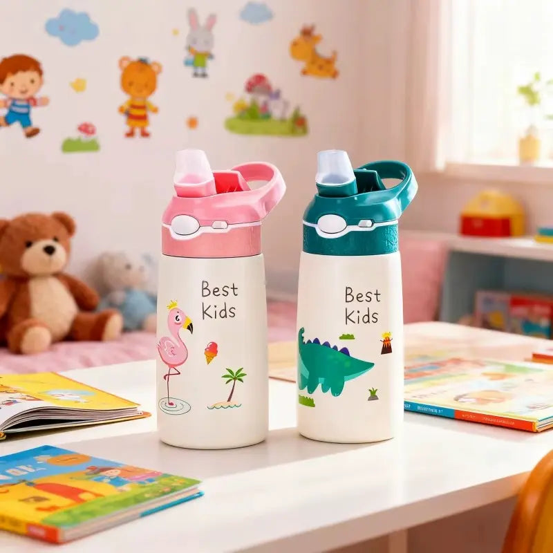 Bouteille isotherme enfant 400 ml inox 316 – Paille & motif animal | DuckySip