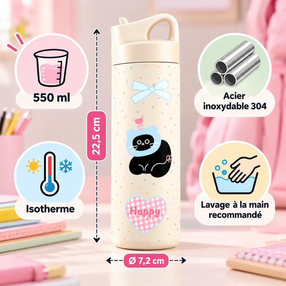 Gourde enfant acier inoxydable motif chat – Design cartoon