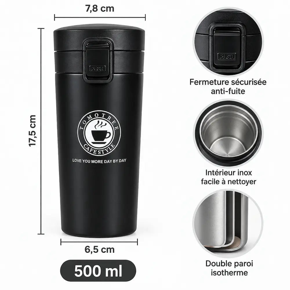 Tasse isotherme inox 500 ml – Double paroi anti-fuite