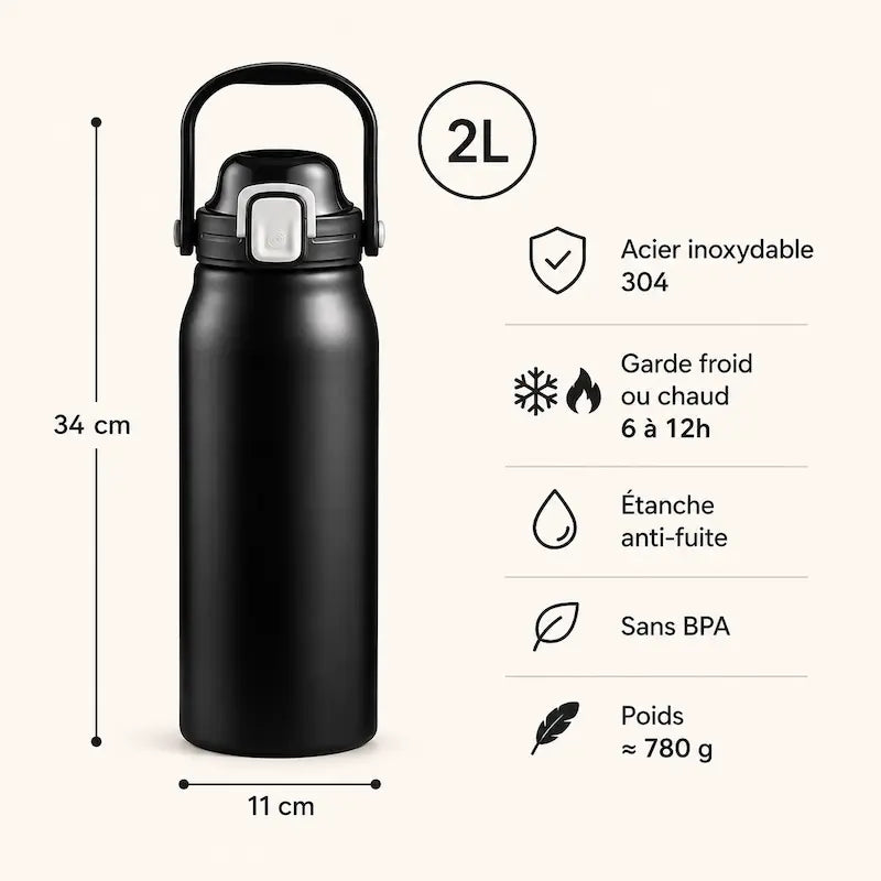 Bouteille isotherme 2L - Grande capacité avec paille | ThermoFlow