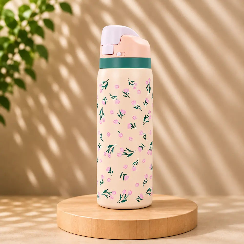Gourde inox florale - Paille portable élégante
