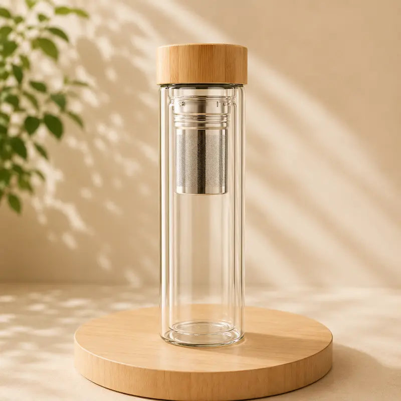 Bouteille infuseur verre double paroi – Couvercle bambou | BambooSip