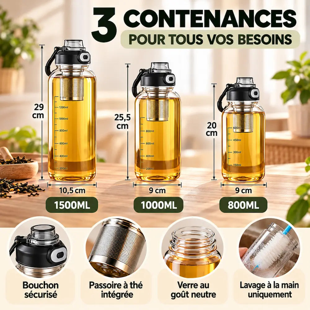 Gourde en verre avec passoire à thé – Infusion facile