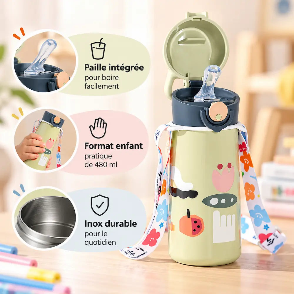 Gourde enfant inox 480 ml - Pratique