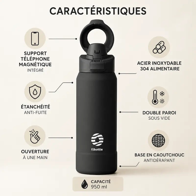 Gourde isotherme magnétique avec support téléphone - Double usage